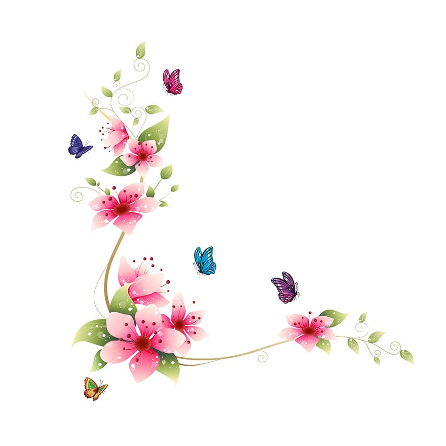 Blomsterranke Pink Med Sommerfugle Wallsticker