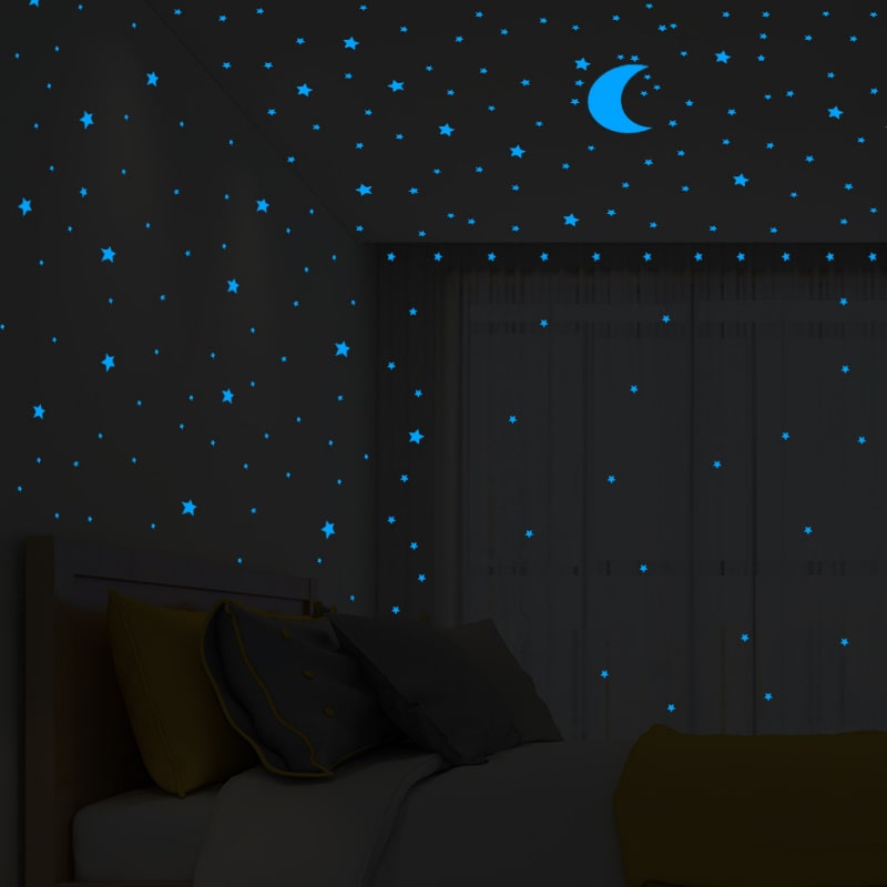 Selvlysende Wallsticker Med En Halvmåne Og 338 Stjerner Blå