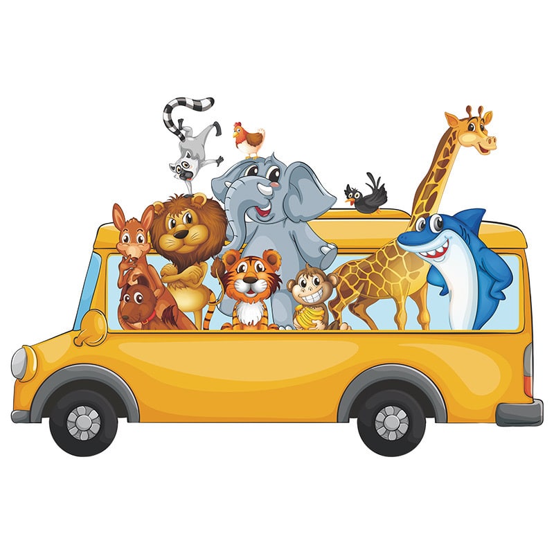 Dyrebus Wallsticker Flotte Farver Wallsticker Med Søde Dyr En Bus