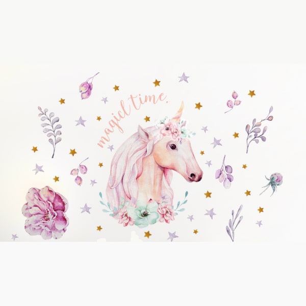 Enhjørning Wallsticker Med Blomster Og Stjerner Magicl Time