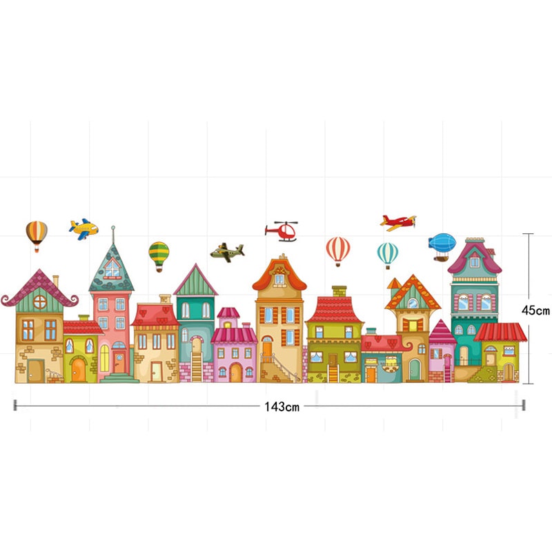 Farverig Wallsticker Med En Flot Hyggelig By Med Huse Luftballoner Flyvere Mm