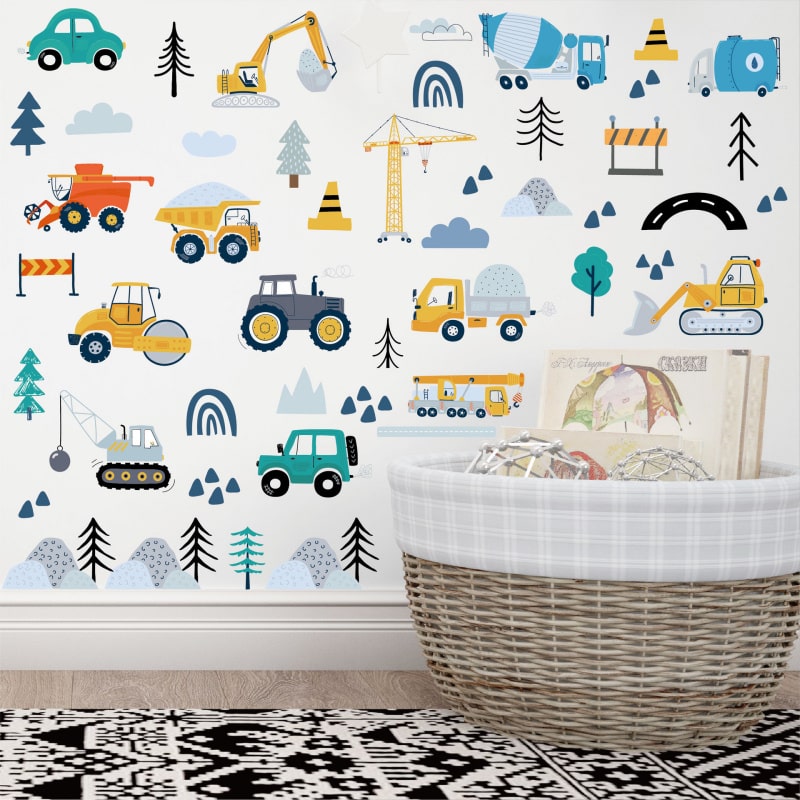 Flot Wallsticker Med Transportmidler Såsom Gravkøer Traktorer Kranbiler Lastbiler Kraner Mm 90 Stk