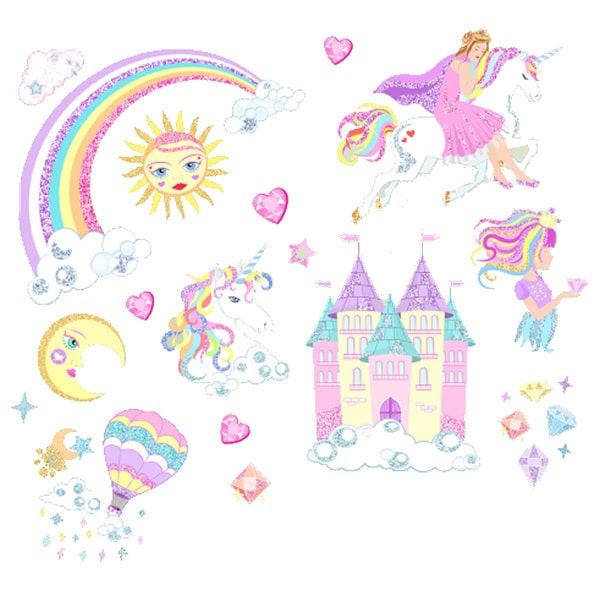 Glitter Wallsticker Med Prinsesser Enhjørninger Regnbue Mm