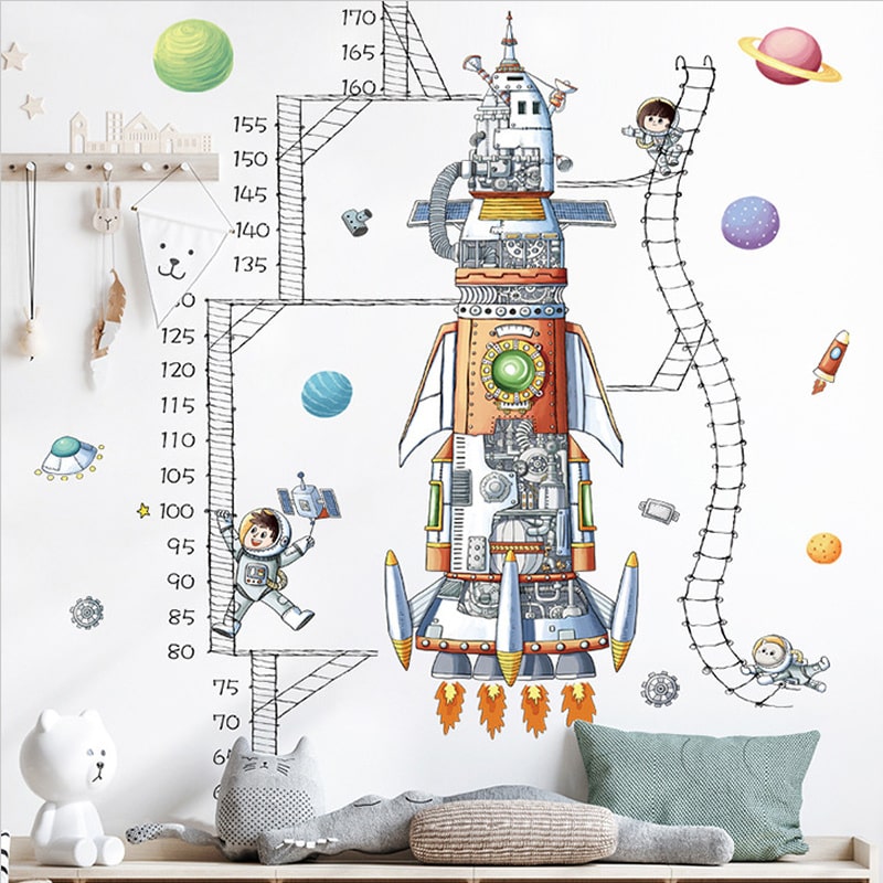 Rigtig Flot Rumraket Målebånds Wallsticker Højdemåler Til Rum-entusiasten Op Til 170cm
