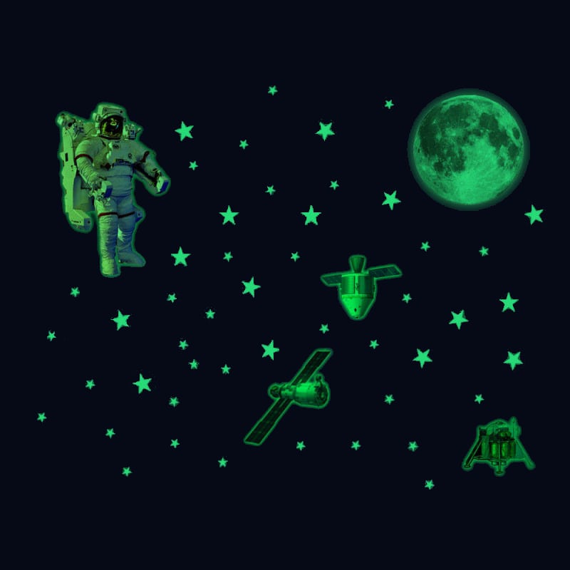Selvlysende Wallsticker Til Den Lille Astronaut Stjernehimmel Med En Astronaut En Måne Satellitter Mm