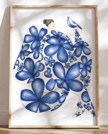 Blå Plakat Blåblomstret Dame Med Due