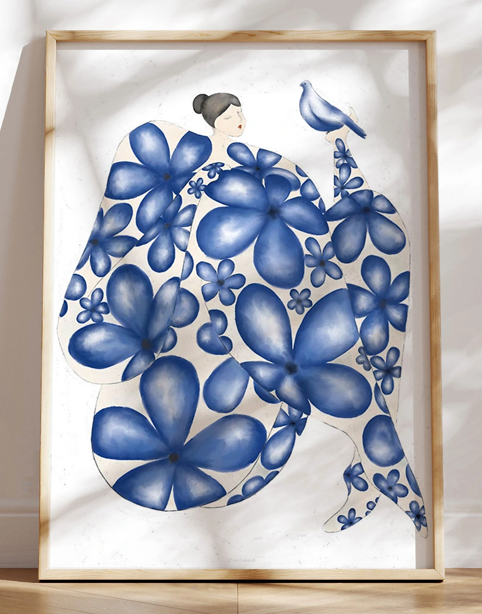 Blå Plakat Blåblomstret Dame Med Due