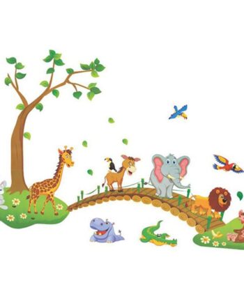 Dyr På Vej Over Broen  Wallsticker Med Søde Dyr   Flotte Farver Til Væggen