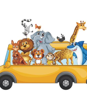 Dyrebus Wallsticker   Flotte Farver  Wallsticker Med Søde Dyr   En Bus