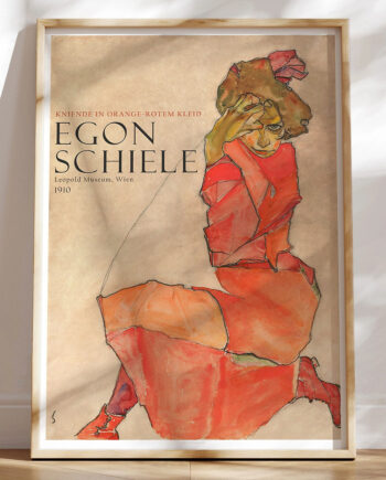 Egon Schiele Kneeling Female In Orange Red Dress