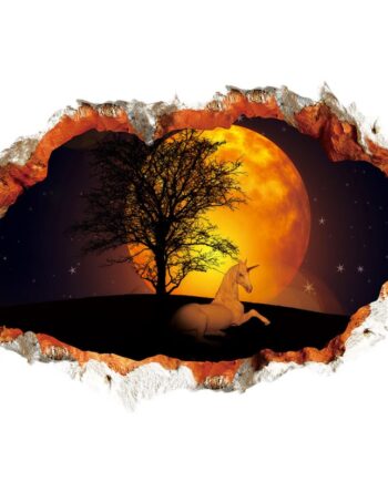 Enhjørning Wallsticker  Hul   Væggen  Enhjørning Foran En Smuk Solnedgang