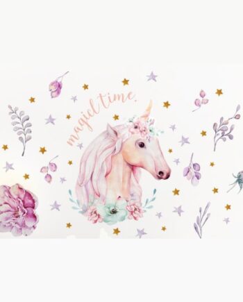 Enhjørning Wallsticker Med Blomster Og Stjerner  Magicl Time
