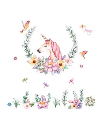 Flot Enhjørning Wallsticker Med Blomster  Fugle   Laurbærkrans