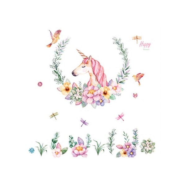Flot Enhjørning Wallsticker Med Blomster Fugle Laurbærkrans
