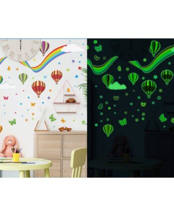 Flot Selvlysende Wallsticker Med En Regnbue  Luftballoner  Sommerfugle Og Stjerner