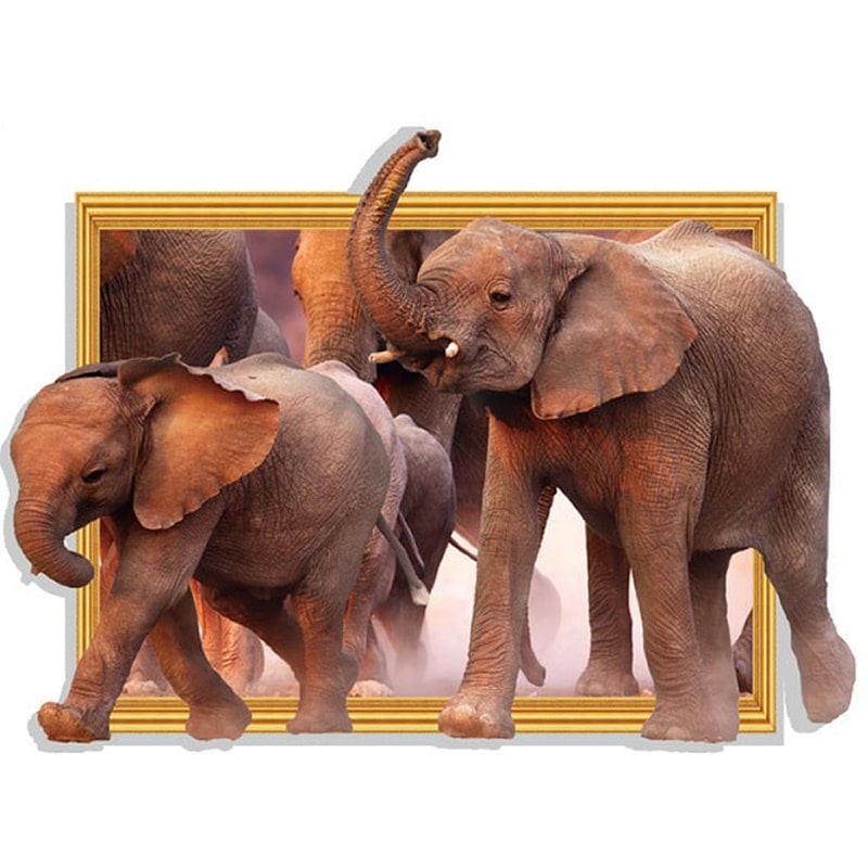 Flot Wallsticker Med Elefanter Som 3d Motiv  På Vej Ud Af Billedet  64 5x88cm