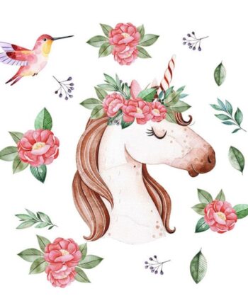 Flot Wallsticker Med Enhjørning  Kolibri Og Masser Af Blomster