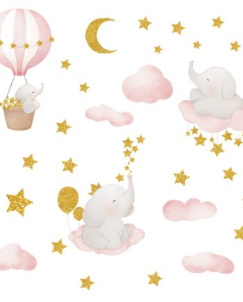 Flot Wallsticker Med Søde Elefanter Der Svæver På Skyerne