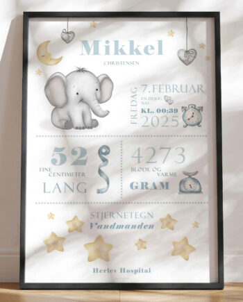 Fødselstavle Med Elefant Babyblå Til Dreng