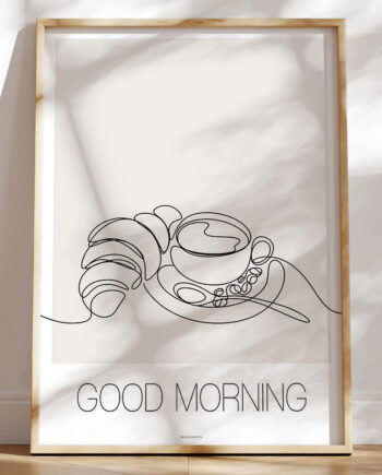 Line Art Plakat Med Kaffe Og Croissant Good Morning