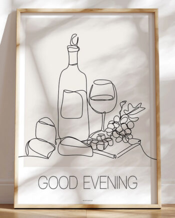 One Line Plakat Med Vin Og Ost Good Evening