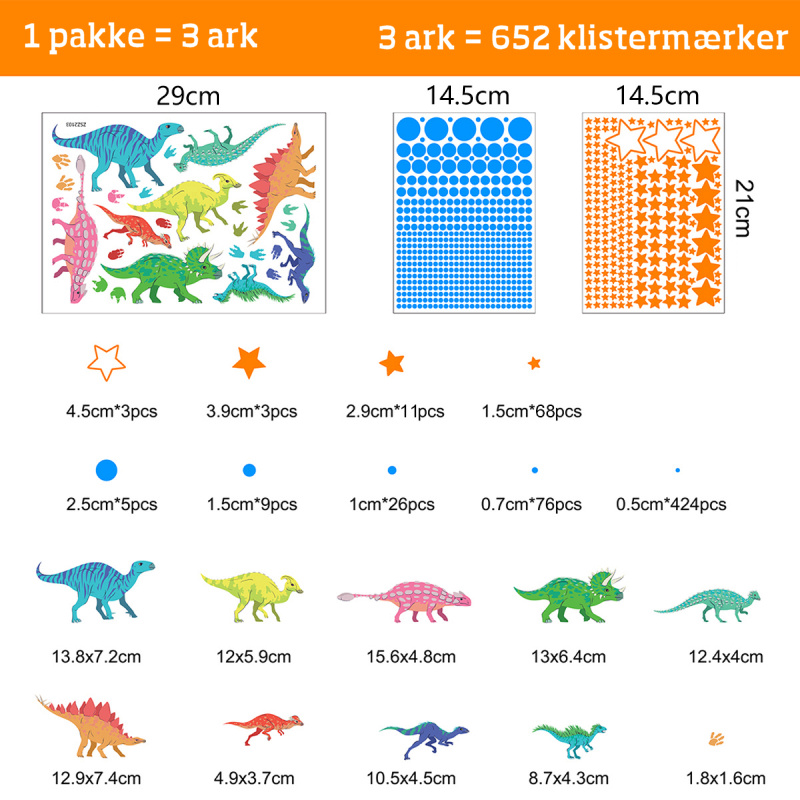 Sej Selvlysende Wallsticker Med Dinosaurer Prikker Og Masser Af Stjerner Hele 652 Stk