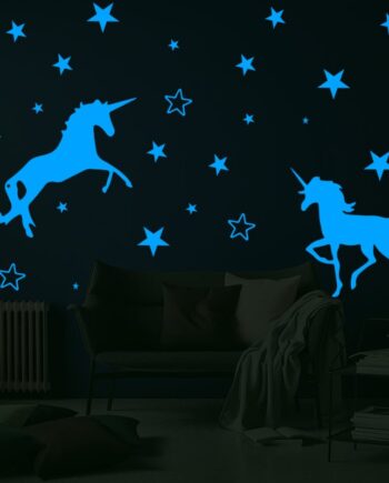 Selvlysende Enhjørning Wallsticker Med To Enhjørninger Og 29 Stjerner  Blå