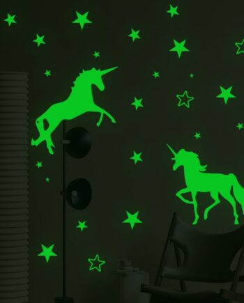 Selvlysende Enhjørning Wallsticker Med To Enhjørninger Og 29 Stjerner  Grøn