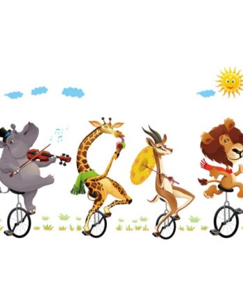 Sjove Dyr På Ethjulede Cykler  Sød Og Farverig Wallsticker Til Væggen