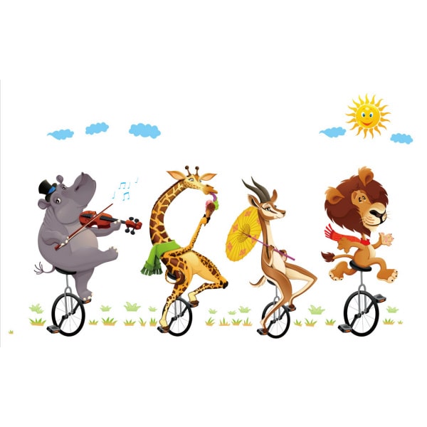 Sjove Dyr På Ethjulede Cykler Sød Og Farverig Wallsticker Til Væggen