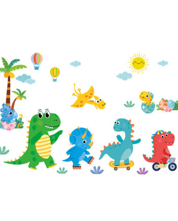 Sød Dinosaurus Wallsticker Med   Små Dinoer På Tur