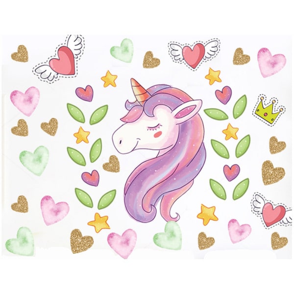 Sød Enhjørning Wallsticker Med Masser Af Hjerter 30x60cm