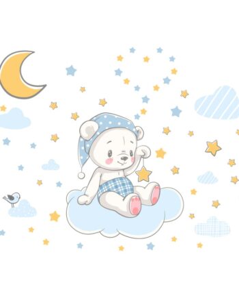 Sød Selvlysende Wallsticker Med En Lille Bamse Der Sidder På En Sky  Omgivet Af Masser Af Stjerner