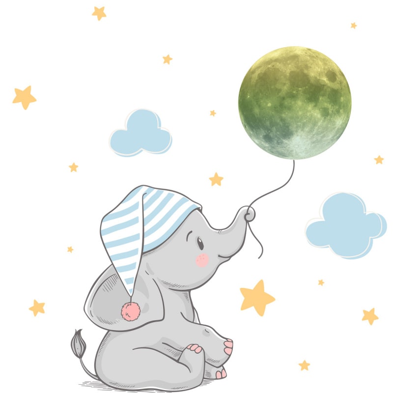 Sød Selvlysende Wallsticker Med En Lille Elefant Unge Der Holder Månen En Snor Lille 18 Stk