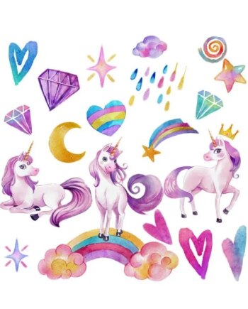 Sød Wallsticker Med Enhjørninger  Diamanter  Hjerter   Stjerner