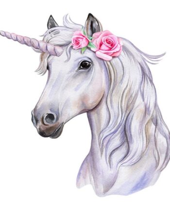 Wallsticker Med Et Flot Enhjørning Hoved  Hvid Med Pink Roser