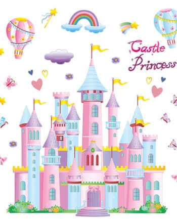 Wallsticker Med Et Prinsesseslot   Flotte Pastelfarver  Luftballoner  Regnbue Og Stjerneskud