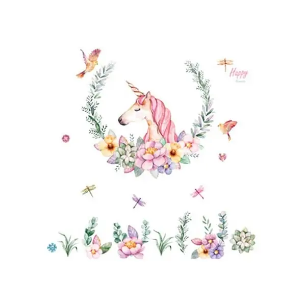 Flot Enhjørning Wallsticker Med Blomster  Fugle   Laurbærkrans
