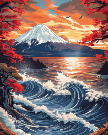 Japansk Plakat 148  Solnedgang Ved Fuji