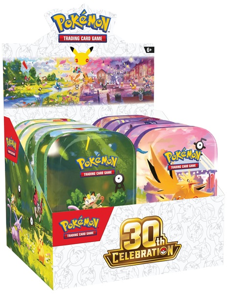Pokemon Tin Kasse 2026 Fall Mega Evolution: 30th Celebration Mini Tins Display 10 Mini Tins 20 Boosters