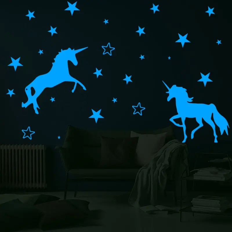 Selvlysende Enhjørning Wallsticker Med To Enhjørninger Og 29 Stjerner  Blå
